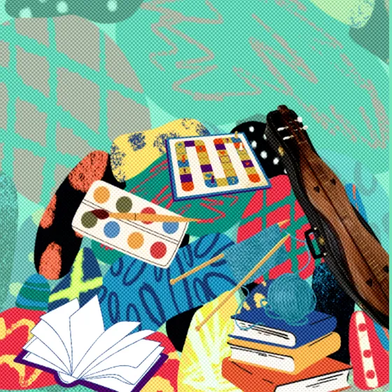 A pile full of hobby-related objects including paint, board games, instruments, and yarn.